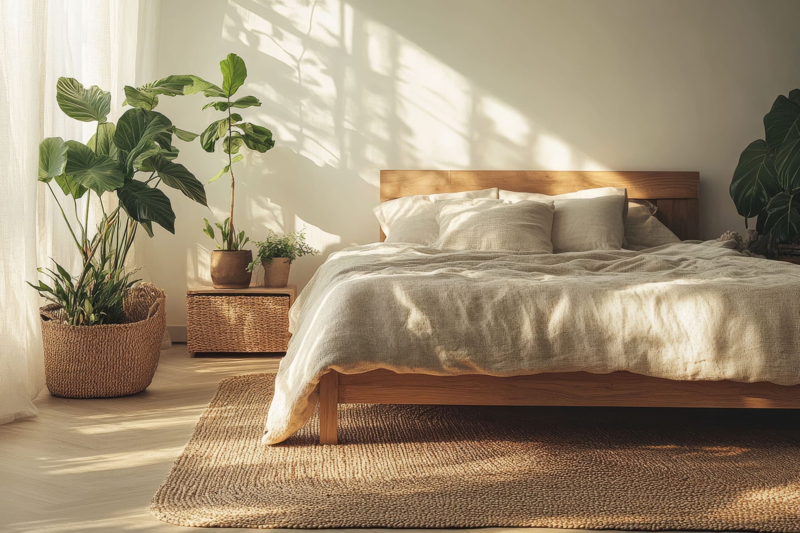 Nachhaltiges Schlafzimmer mit Bettwäsche Baumwolle, Holzrahmen und Naturmaterialien