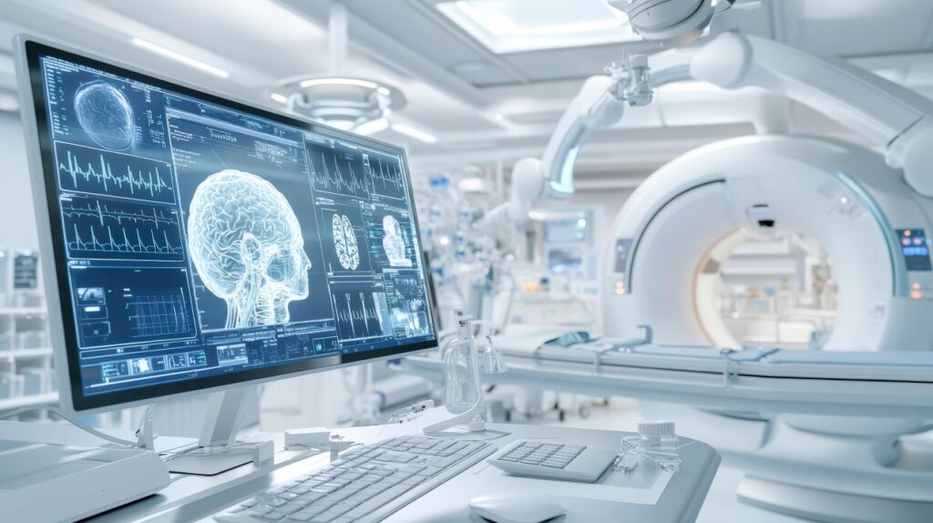 Hochauflösender Gehirnscan auf einem Computermonitor in einer modernen radiologischen Praxis – neueste Technologien für präzise Diagnosen in der Radiologie Köln.