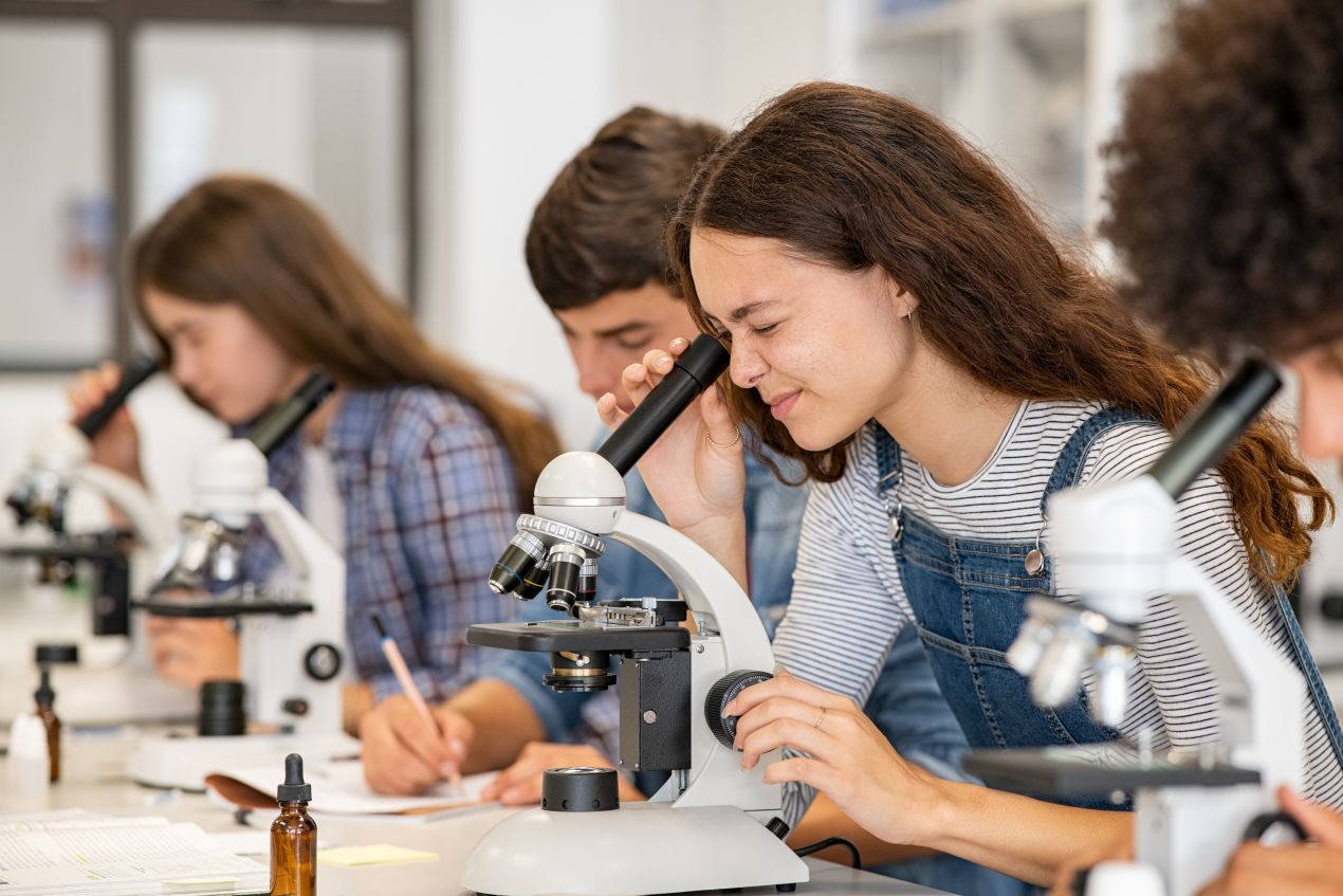 schuelerinnen und schueler beim experimentieren im biologieunterricht eines privatgymnasium berlin