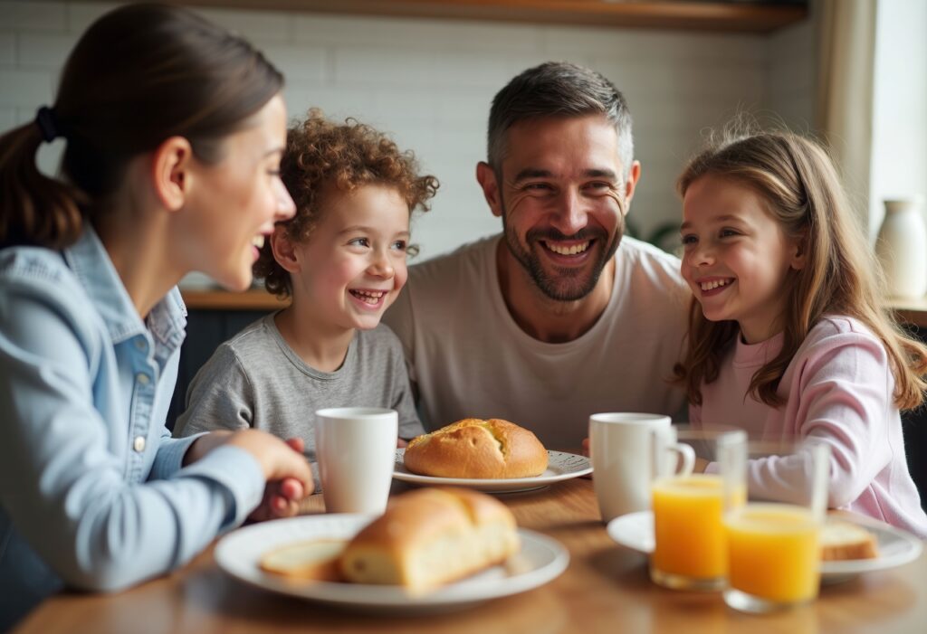 Eine fröhliche Familie teilt ein fröhliches Frühstück mit einem Lächeln und leckerem Gebäck