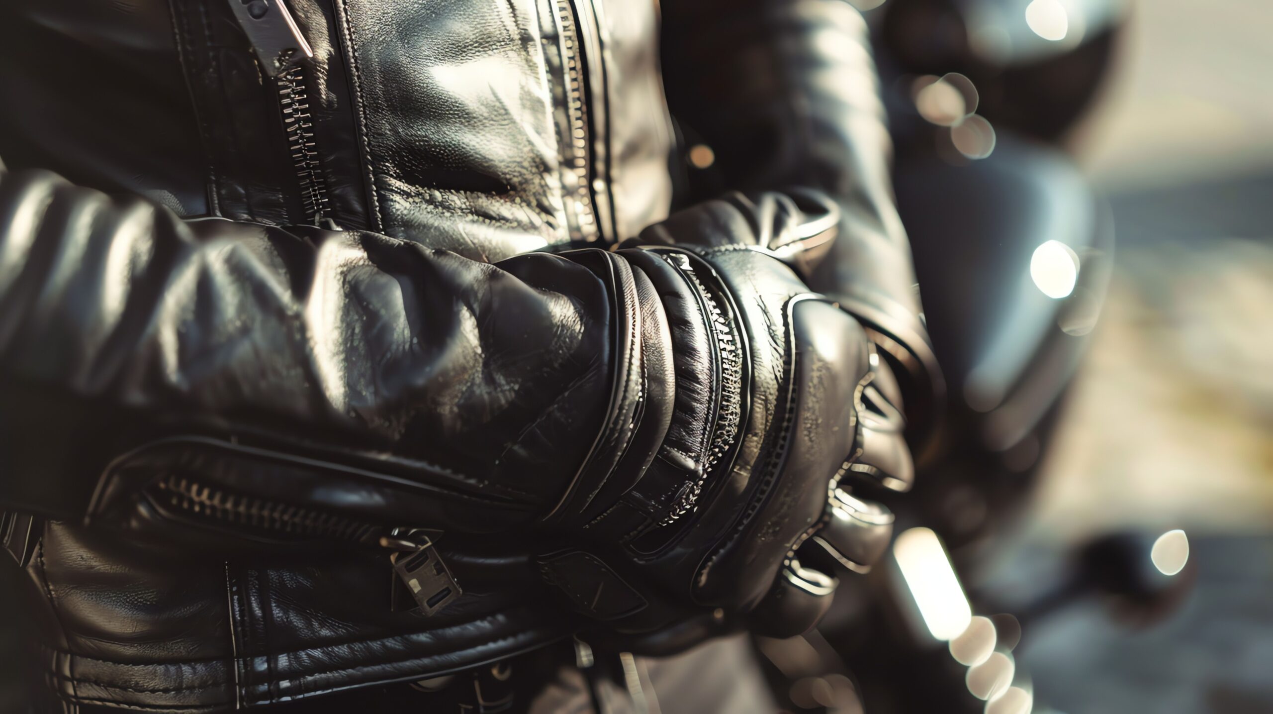Motorradbekleidung: Nahaufnahme von Jacke und Handschuhen auf einem Motorradfahrer
