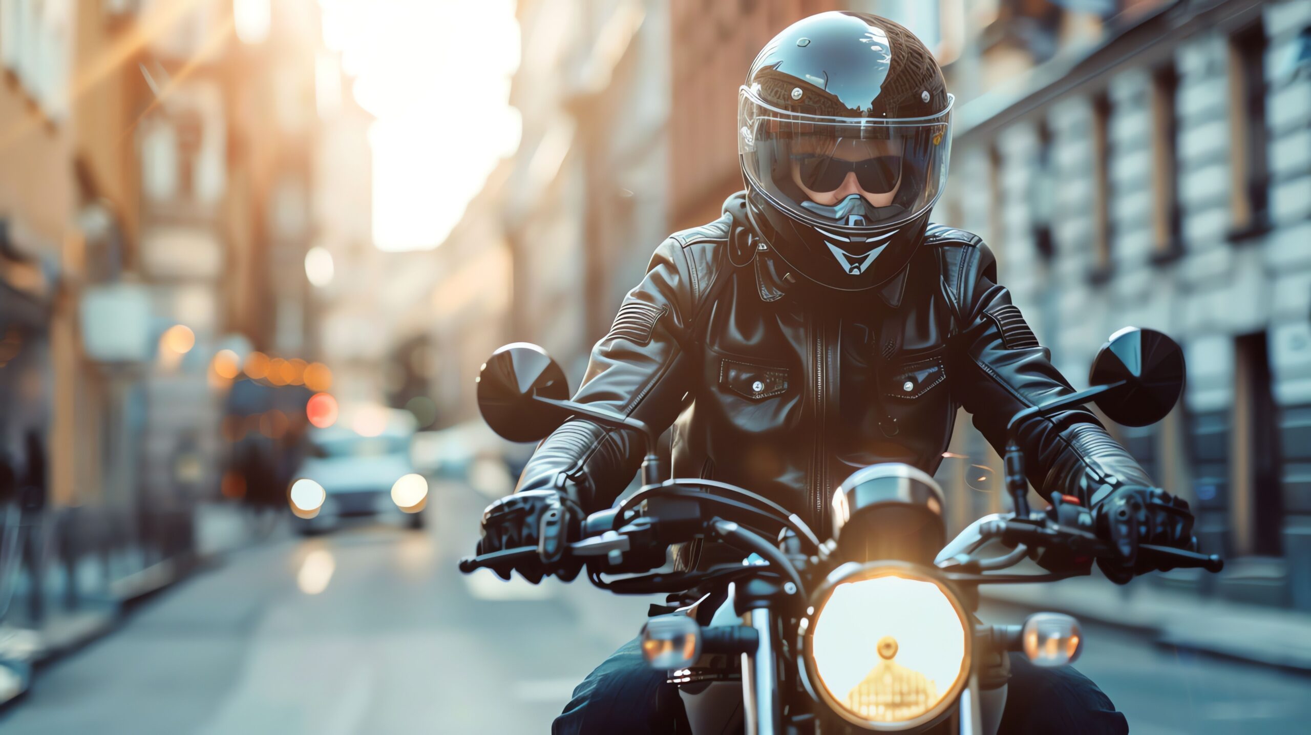 Motorradbekleidung: Motorradfahrer mit Helm und Lederjacke fährt durch die Stadt bei Sonnenlicht