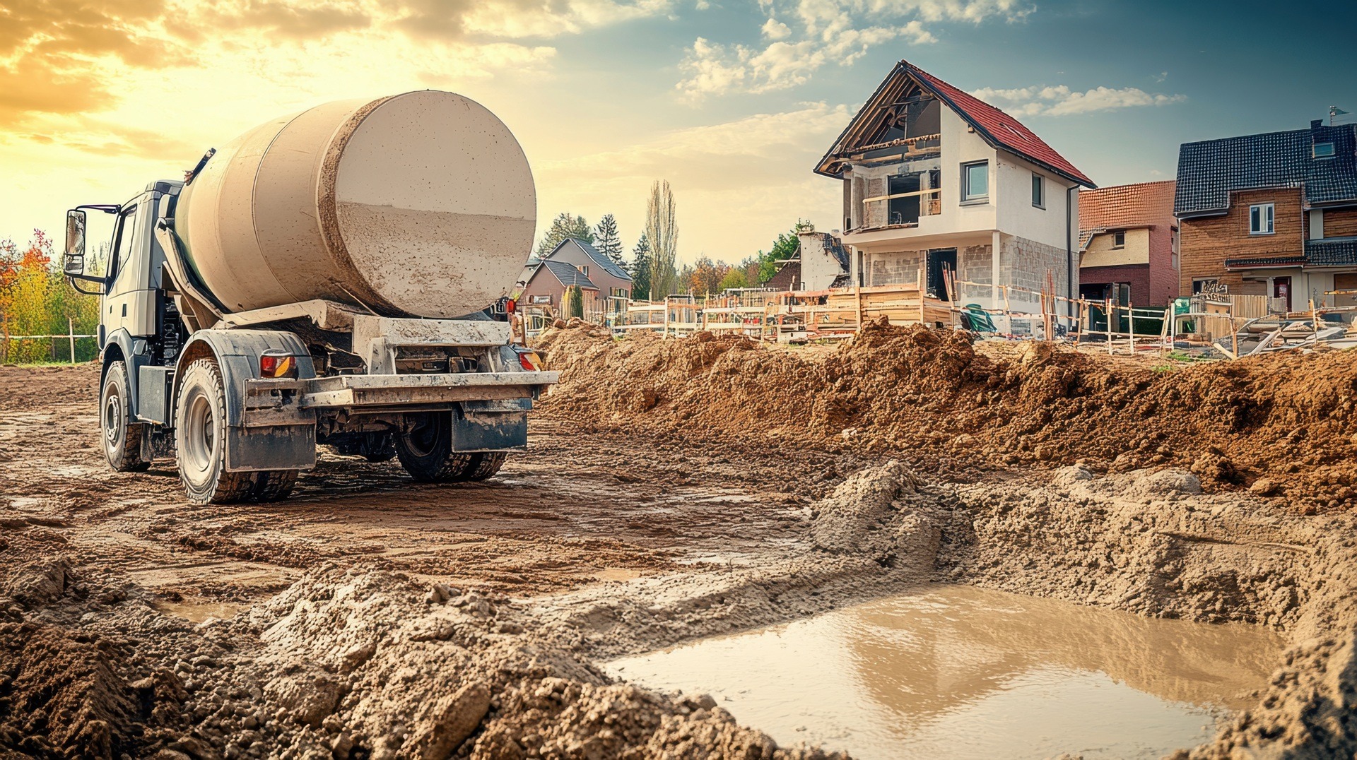 Betonmischer auf nasser Baustelle | Heckwarnsystem

