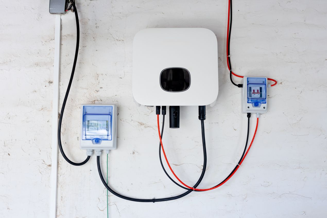 Installierter Wechselrichter mit Anschlusskasten und Stromzuführung – zentrale Komponente für Notstromversorgung und Solarstrom im Haushalt
