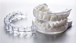 Transparente Zahnschiene neben Zahnmodell – moderne Behandlung beim Kieferorthopaede Essen fuer gerade Zaehne und schoenes Laecheln