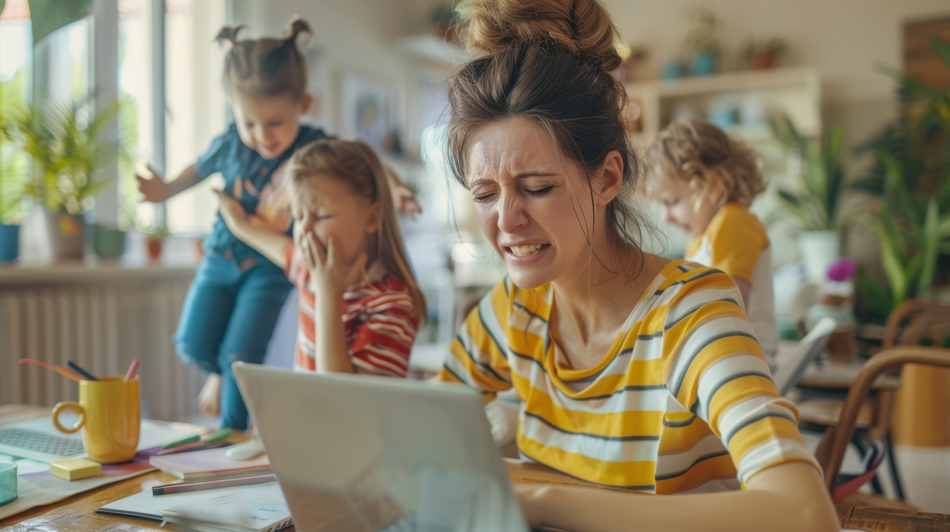 Mutter gestresst am Laptop waehrend Kinder toben | Alltagsbegleiter als Quereinsteiger
