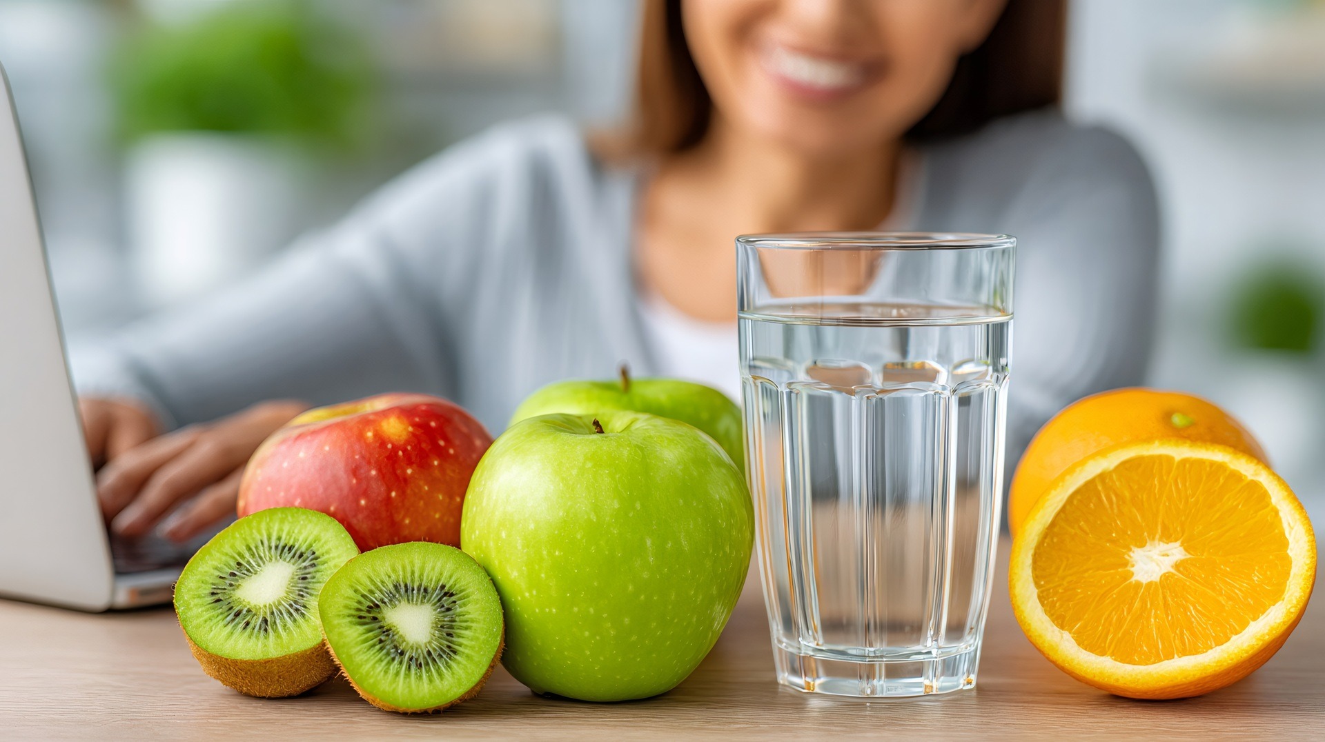 Glas Wasser und frisches Obst auf Schreibtisch | Wasserspender für zuhause